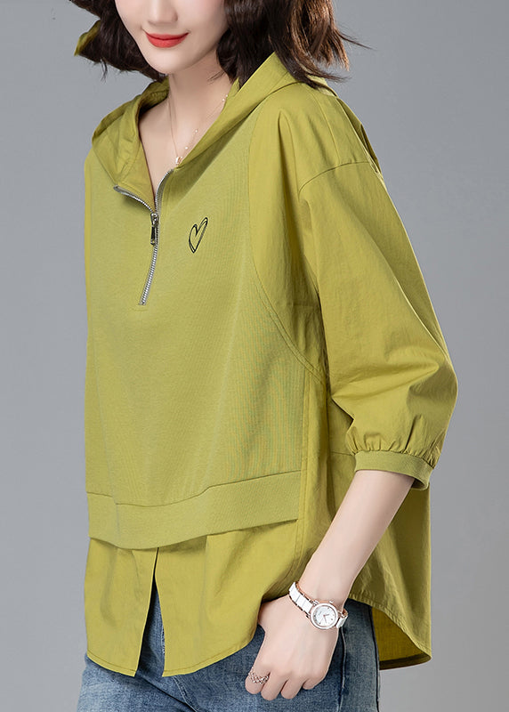 Zippered Cotton Hooded Yellow Patchwork Summer Loose Tops