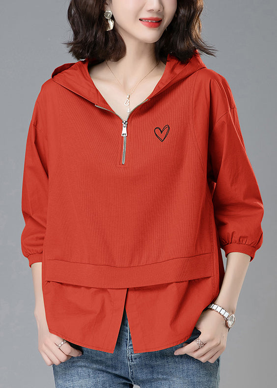 Zippered Cotton Hooded Yellow Patchwork Summer Loose Tops