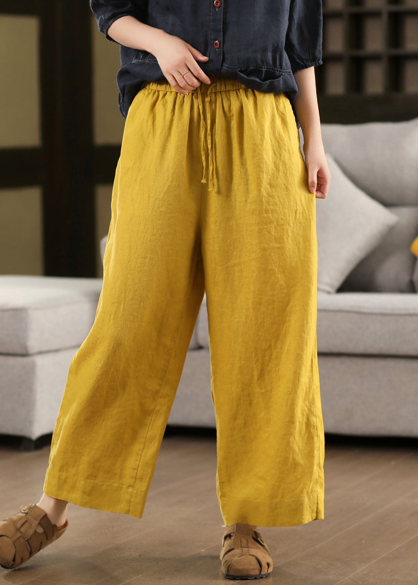Loose Summer Yellow Linen Waist Crop Pants Lace Up Elastic