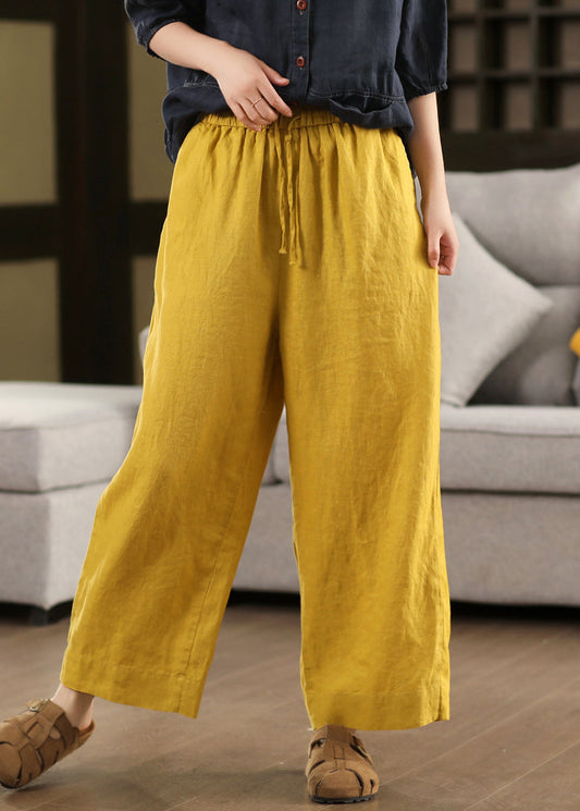 Loose Summer Yellow Linen Waist Crop Pants Lace Up Elastic