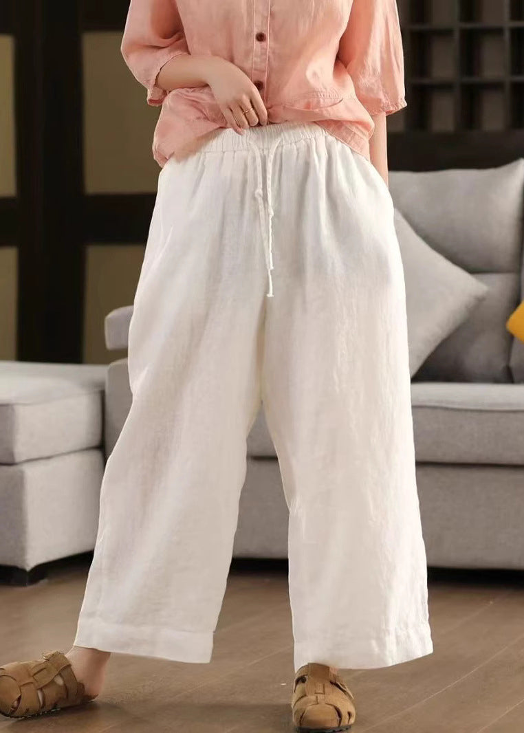 Loose Summer Yellow Linen Waist Crop Pants Lace Up Elastic