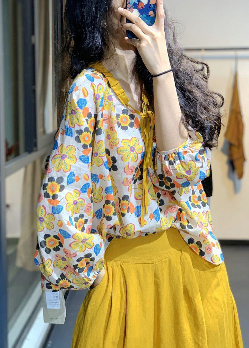 Loose Yellow Lace Up Print Cotton Top Long Sleeve GH1022