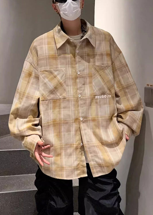 Yellow Pockets Plaid Peter Pan Spring Men Cotton Collar Shirt Loose