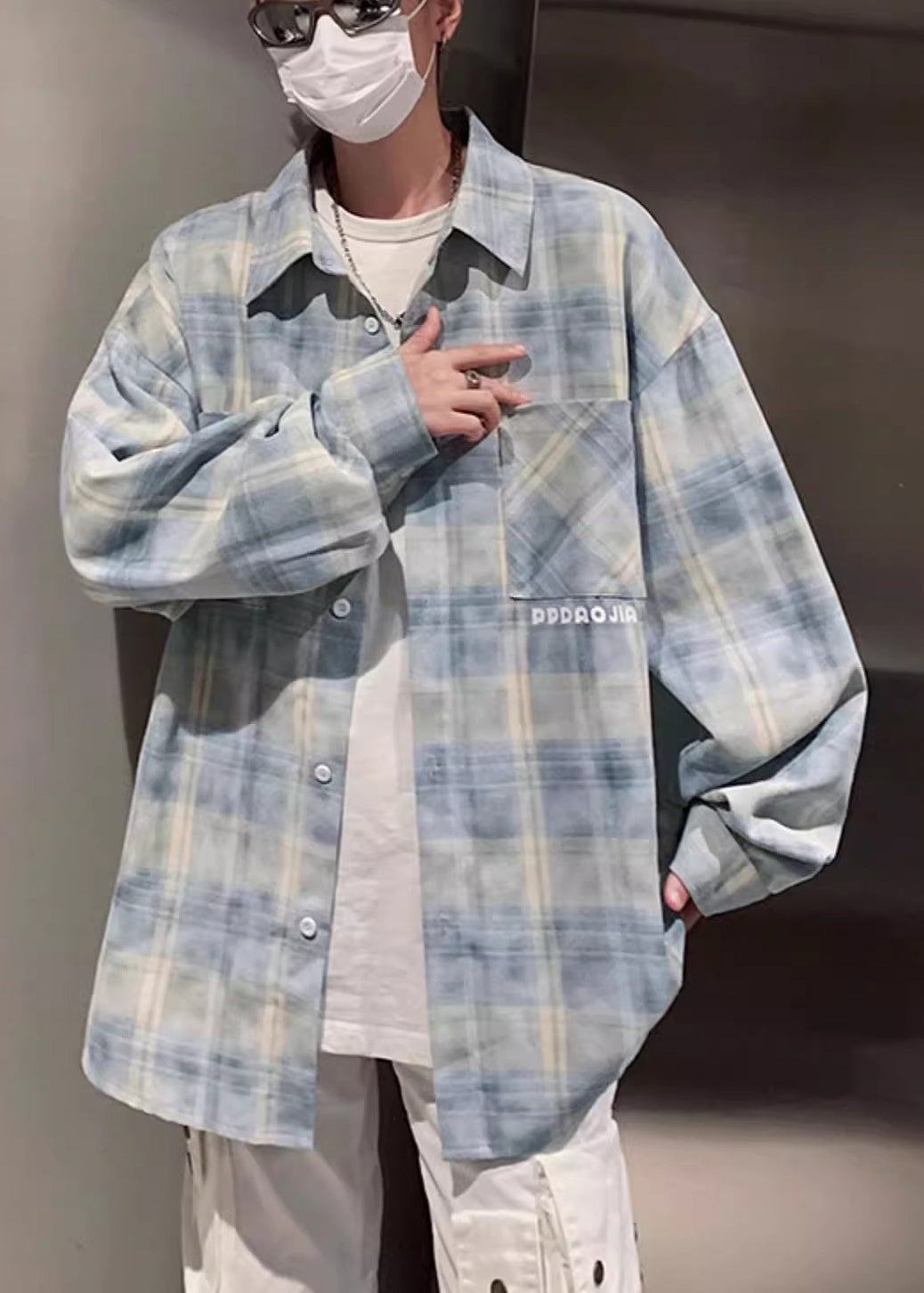 Yellow Pockets Plaid Peter Pan Spring Men Cotton Collar Shirt Loose