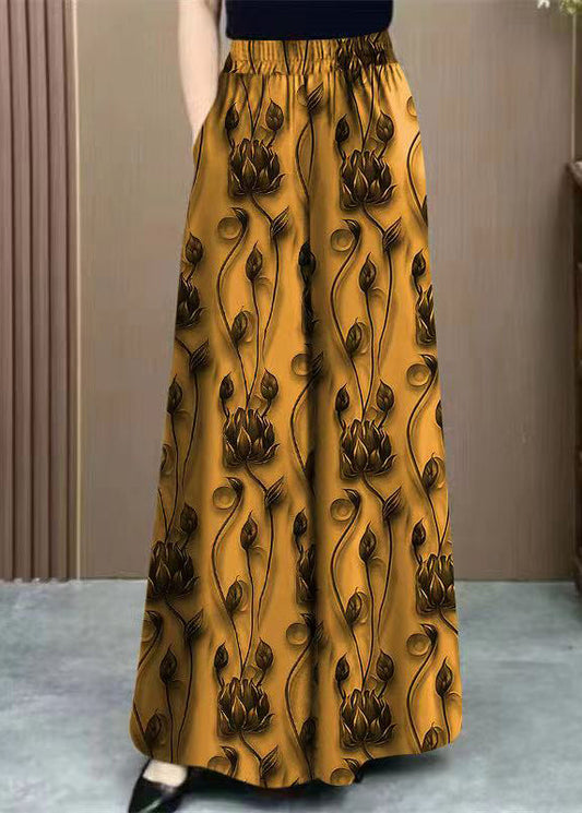 Waist Elastic Silk Pants Yellow Print Loose Spring Ice