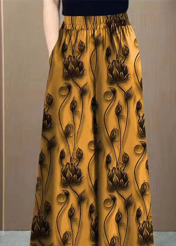 Waist Elastic Silk Pants Yellow Print Loose Spring Ice