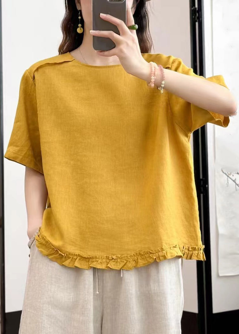 Loose Blouses Summer Ruffled Button Yellow Linen