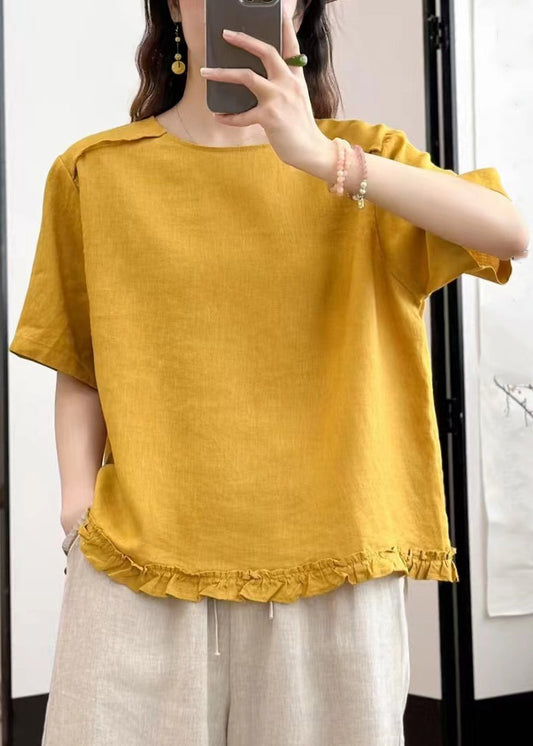 Loose Blouses Summer Ruffled Button Yellow Linen
