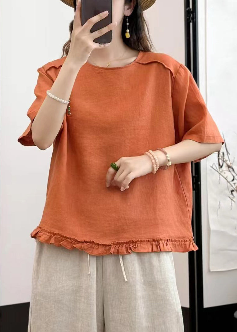 Loose Blouses Summer Ruffled Button Yellow Linen