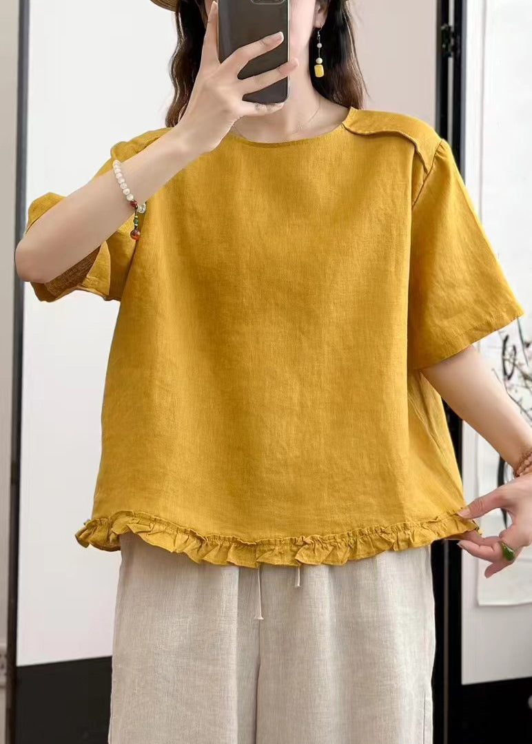 Loose Blouses Summer Ruffled Button Yellow Linen