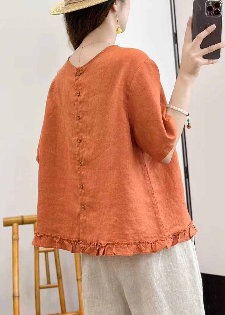 Loose Blouses Summer Ruffled Button Yellow Linen