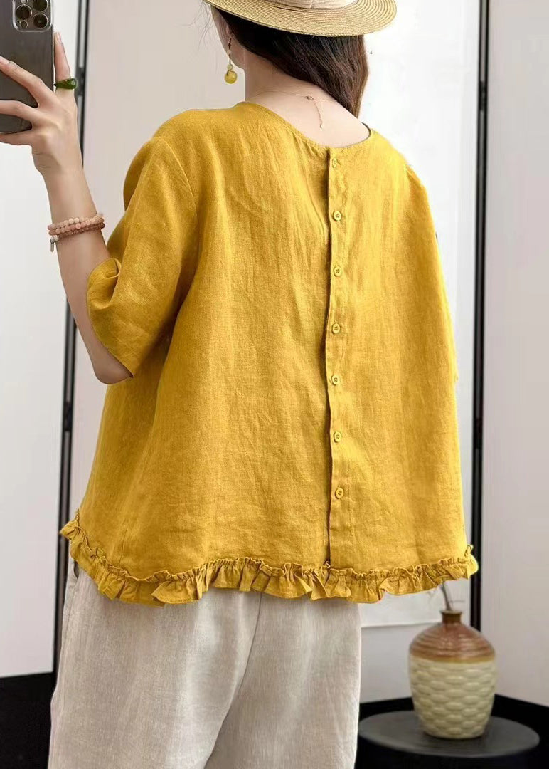Loose Blouses Summer Ruffled Button Yellow Linen