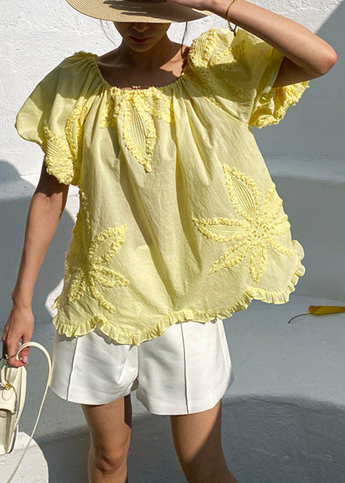 Shirts Cotton Loose Yellow Ruffled Puff Sleeve T Embroidery