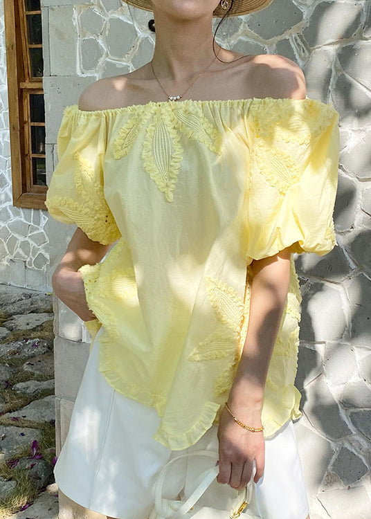 Shirts Cotton Loose Yellow Ruffled Puff Sleeve T Embroidery