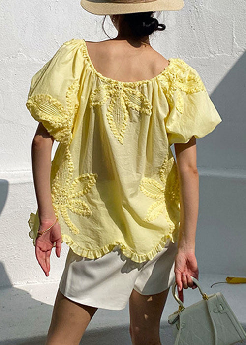 Shirts Cotton Loose Yellow Ruffled Puff Sleeve T Embroidery