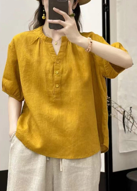 V Linen Neck Blouses Summer Yellow Button Loose