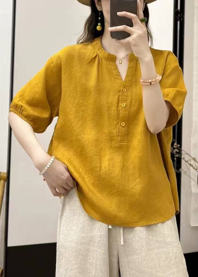 V Linen Neck Blouses Summer Yellow Button Loose