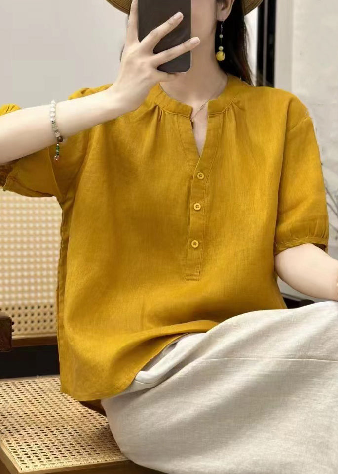 V Linen Neck Blouses Summer Yellow Button Loose