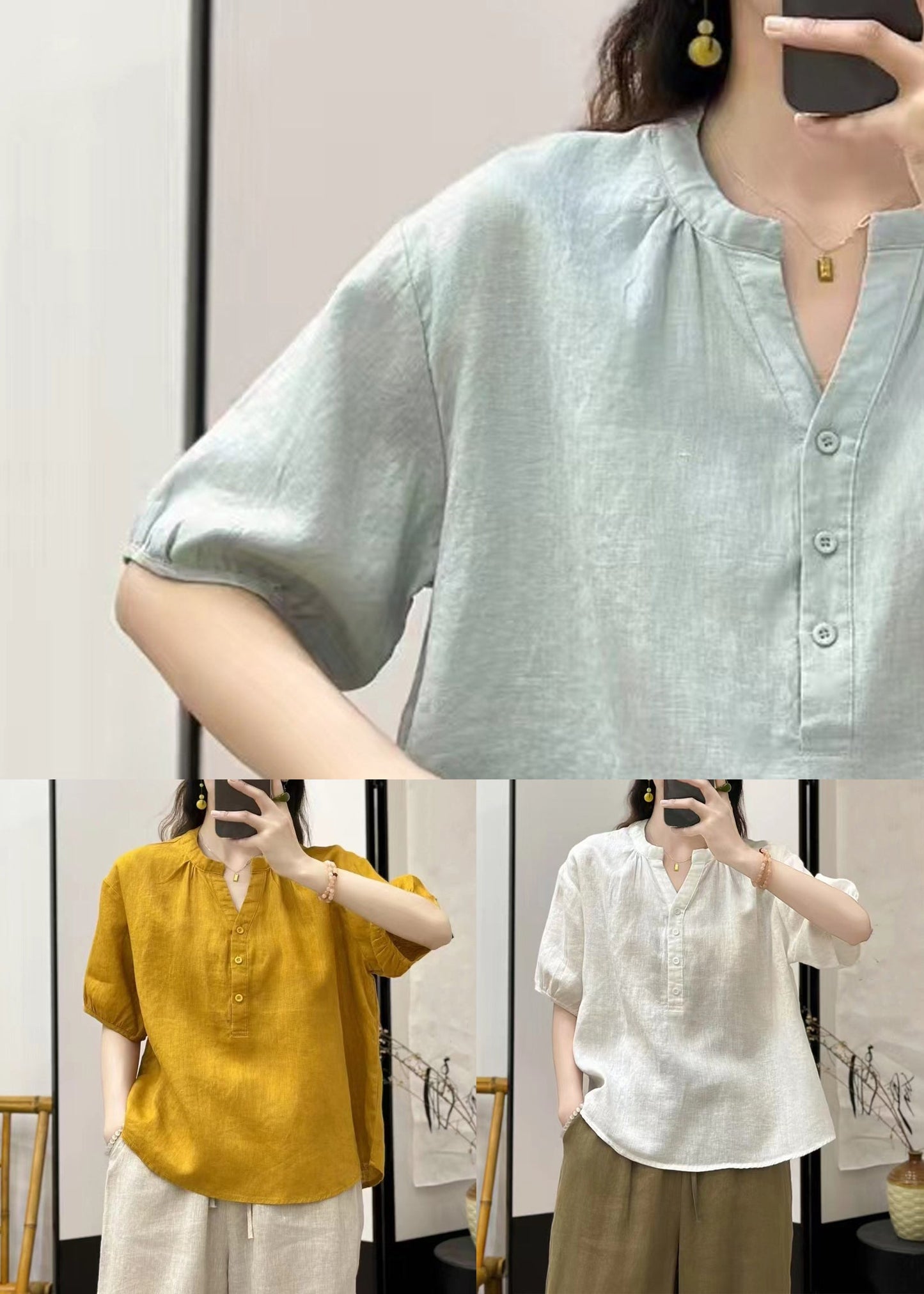 V Linen Neck Blouses Summer Yellow Button Loose