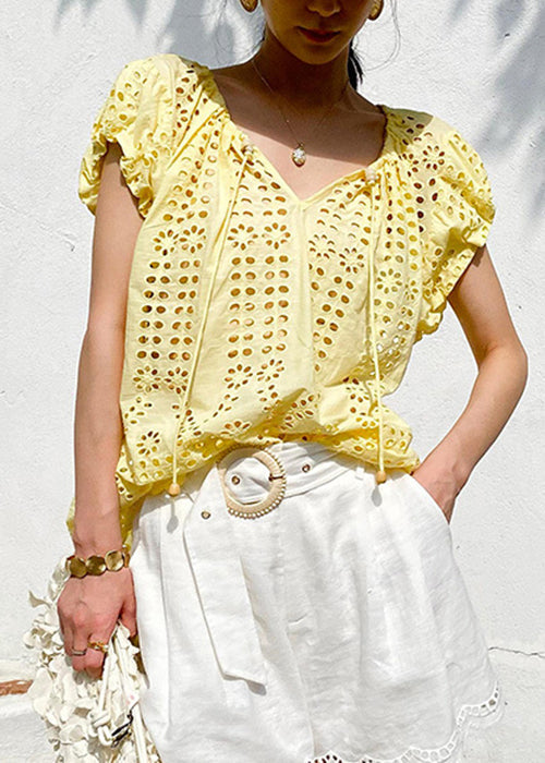 V Neck Lace Cotton Summer Hollow Tops Out Up Yellow Loose