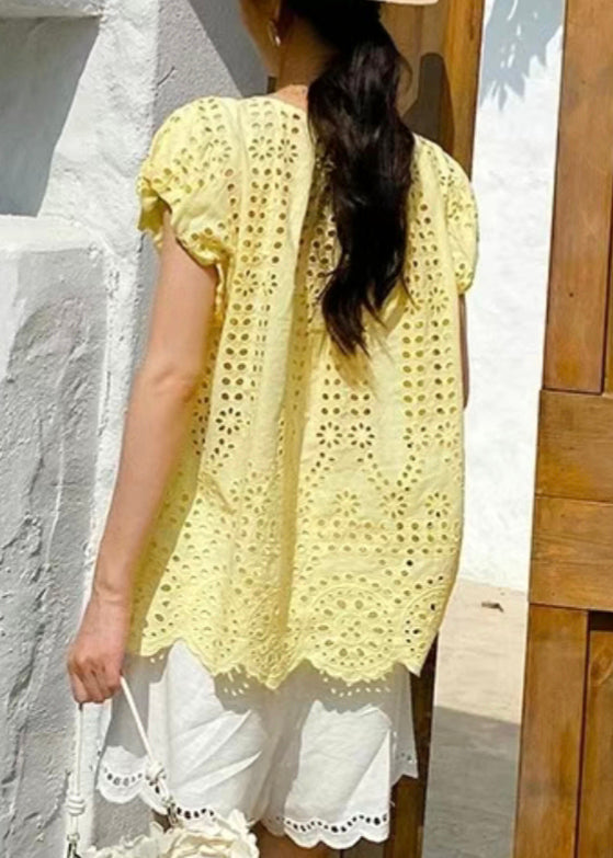 V Neck Lace Cotton Summer Hollow Tops Out Up Yellow Loose