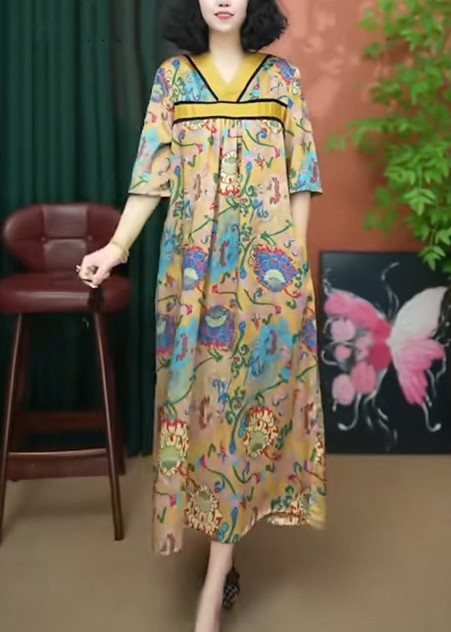 Summer Cotton V Neck Yellow Loose Dresses Print Long