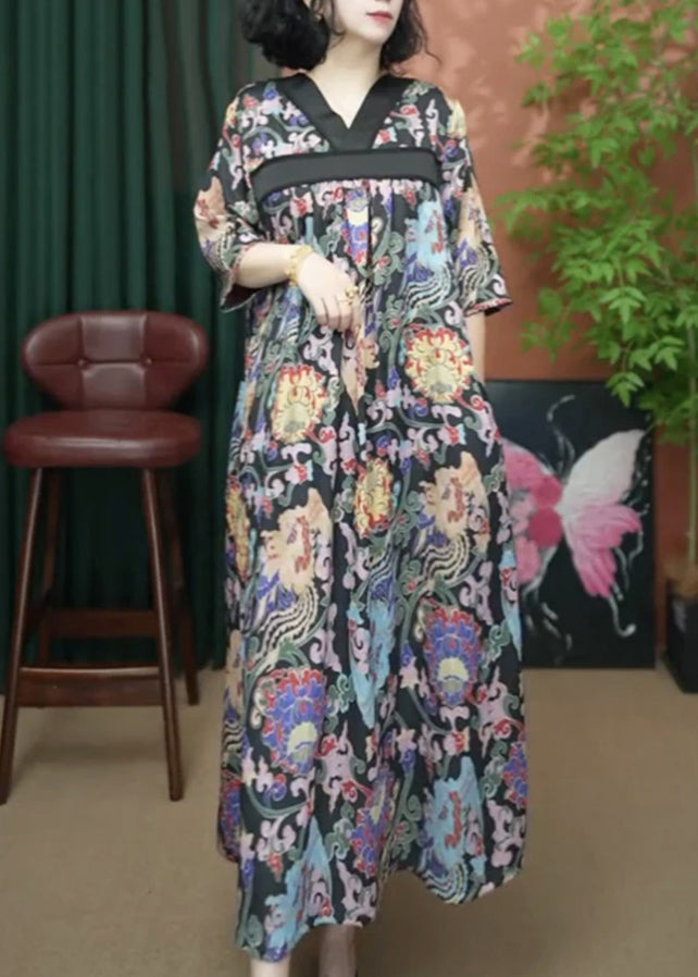 Summer Cotton V Neck Yellow Loose Dresses Print Long