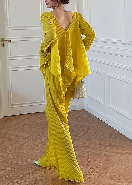 Wrinkled Neck Yellow Set Elastic V Waist Two Fall Piece Loose