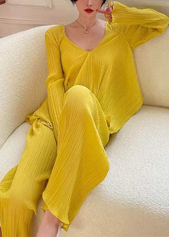 Wrinkled Neck Yellow Set Elastic V Waist Two Fall Piece Loose