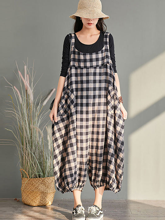 Plus Size Women Loose Casual Checkered Bib Overalls AA1024