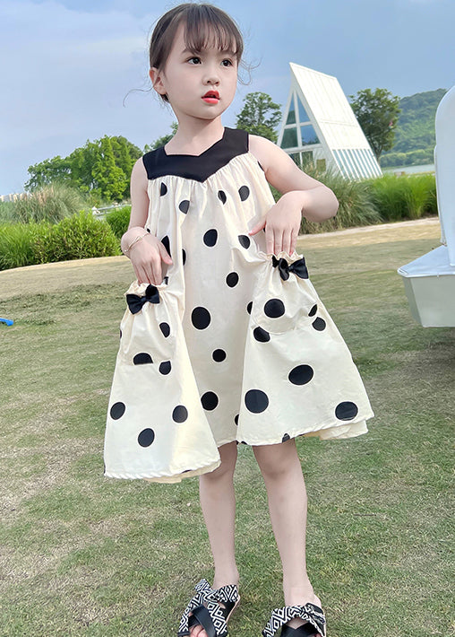 Lovely Beige Lace Up Print Pockets Cotton Girls Dresses Sleeveless EW046