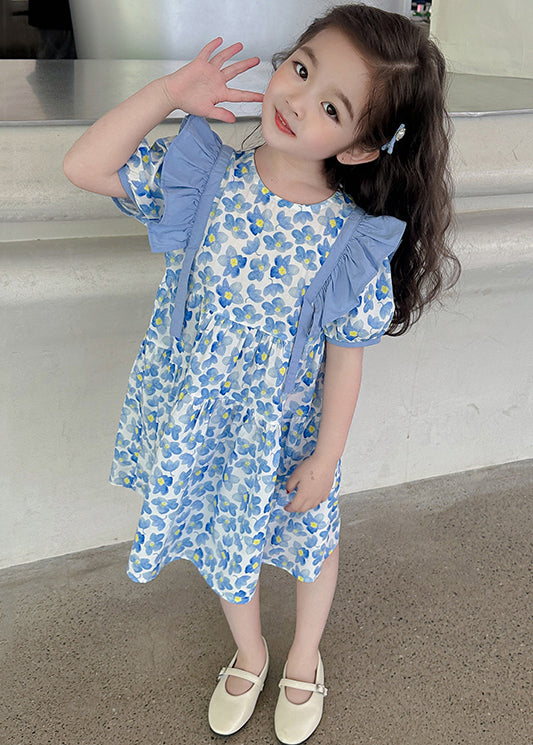 Lovely Blue Ruffled Print Cotton Girls Long Dress Summer TT015