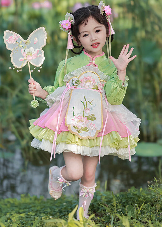 Lantern Lovely Embroideried Button Girls Green Mid Dress Tulle