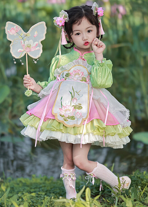 Lantern Lovely Embroideried Button Girls Green Mid Dress Tulle