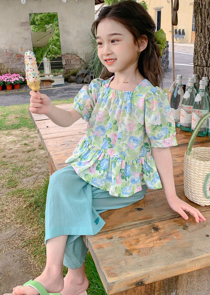 Lovely Green Square Collar Print Patchwork Kids Top And Crop Pants Two Pieces Set Summer SS1022