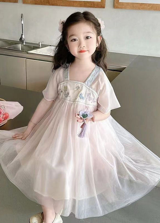 Lovely Light Pink Square Collar Embroideried Patchwork Tulle Kids Long Dresses Summer MN011