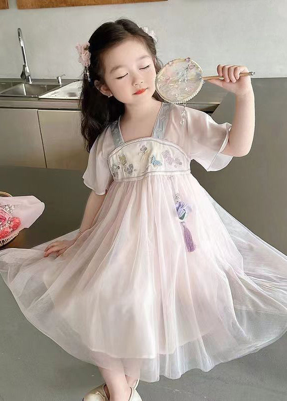 Jolie robe longue rose clair à col carré en tulle brodé pour enfants, été MN011