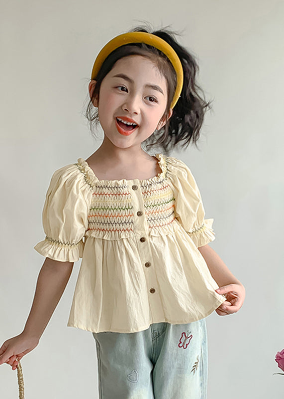 Lovely Light Yellow Ruffled Patchwork Wrinkled Kids Shirt Lantern Sleeve SS1008