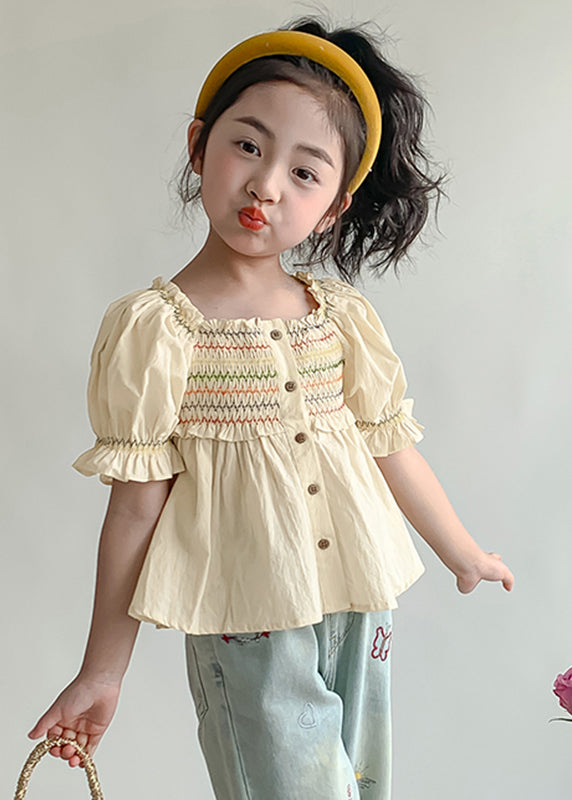 Lovely Light Yellow Ruffled Patchwork Wrinkled Kids Shirt Lantern Sleeve SS1008