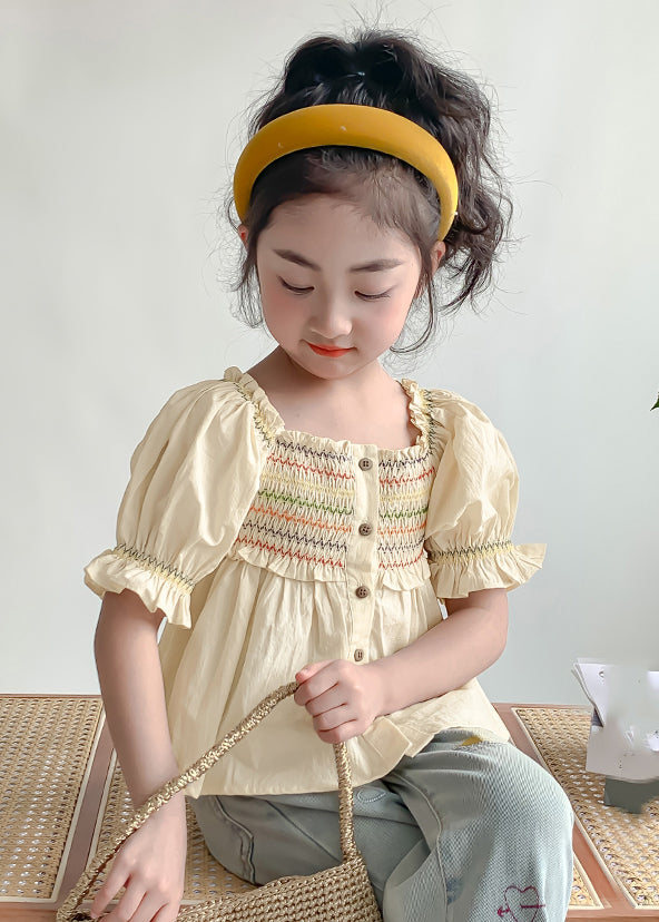 Lovely Light Yellow Ruffled Patchwork Wrinkled Kids Shirt Lantern Sleeve SS1008