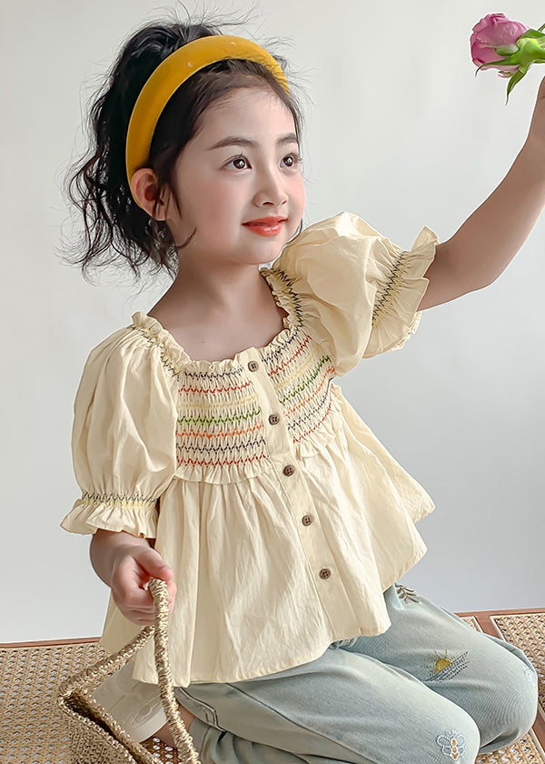 Lovely Light Yellow Ruffled Patchwork Wrinkled Kids Shirt Lantern Sleeve SS1008