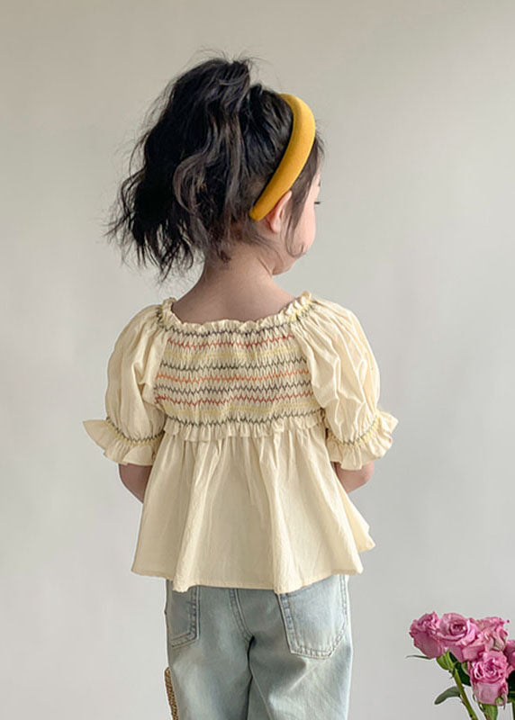 Lovely Light Yellow Ruffled Patchwork Wrinkled Kids Shirt Lantern Sleeve SS1008