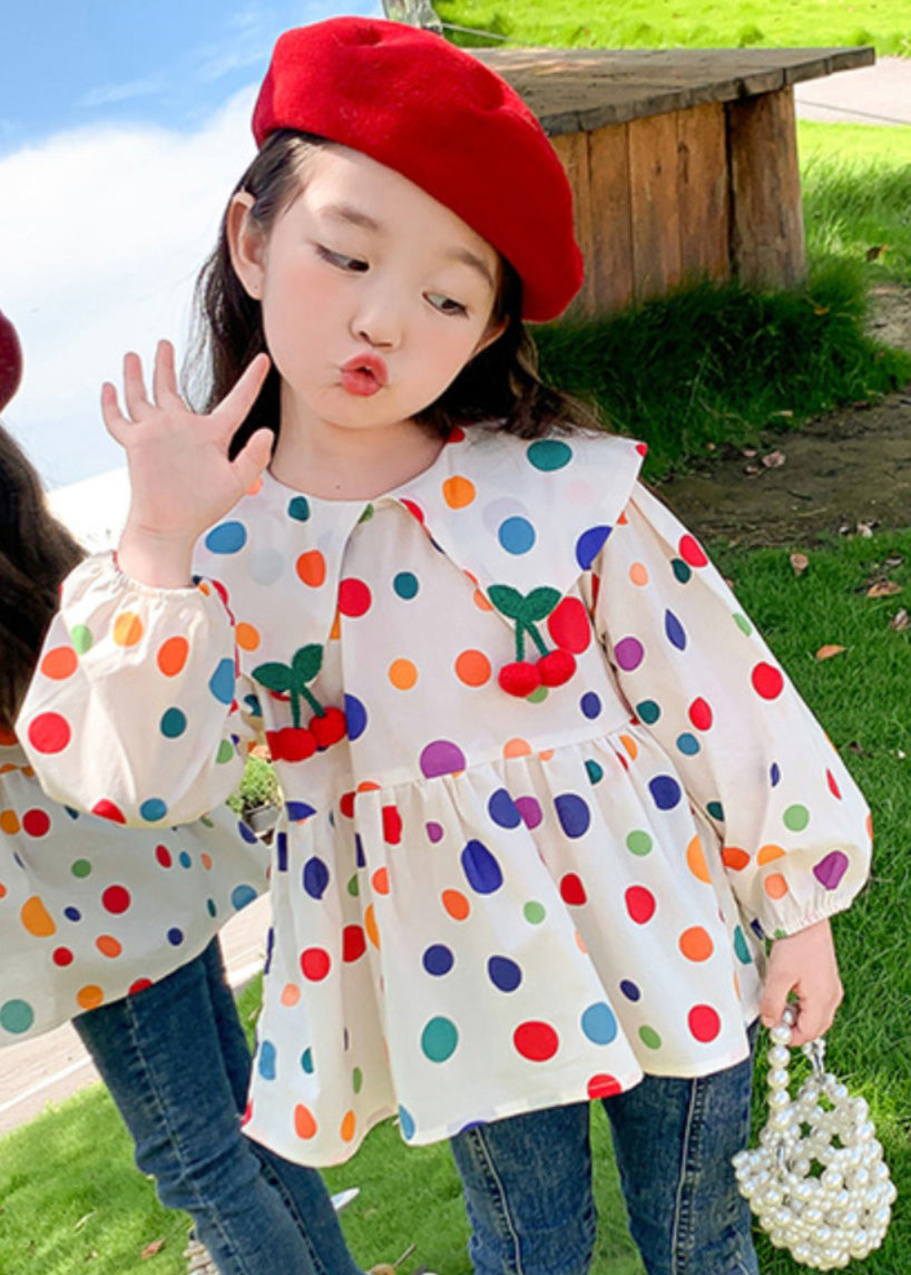 Lovely Peter Pan Collar Dot Cotton Girls Tops Long Sleeve YU1035