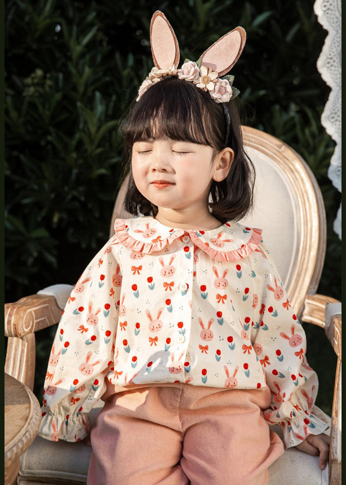 Lovely Pink Button Print Cotton Girls Blouses Long Sleeve YU1059