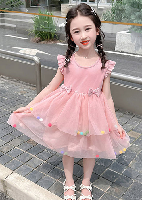 Lovely Pink O-Neck Tulle Patchwork Girls Dress Summer TT042