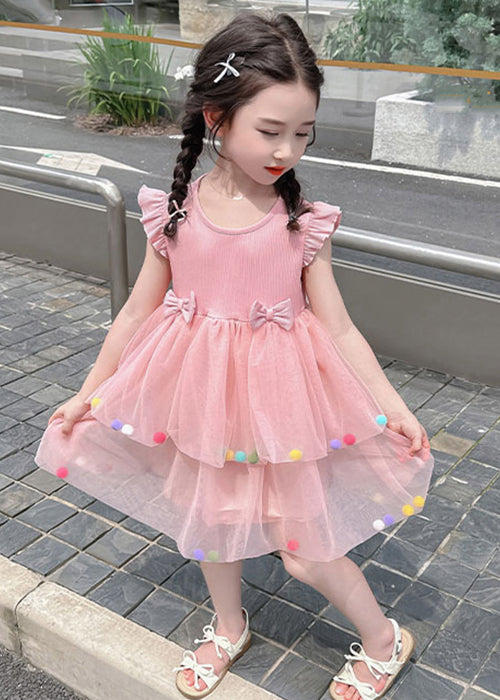 Lovely Pink O-Neck Tulle Patchwork Girls Dress Summer TT042