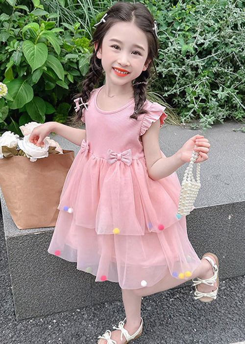 Lovely Pink O-Neck Tulle Patchwork Girls Dress Summer TT042