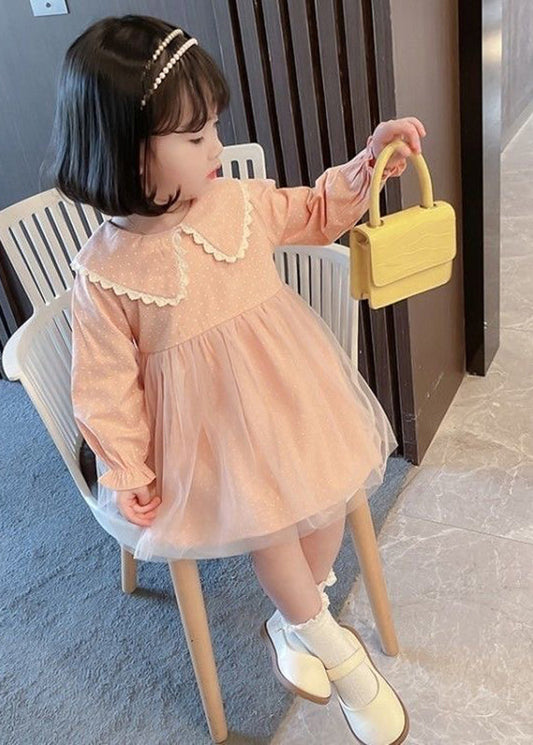 Lovely Pink Peter Pan Collar Dot Tulle Patchwork Kids Vacation Maxi Dresses Fall SS1065