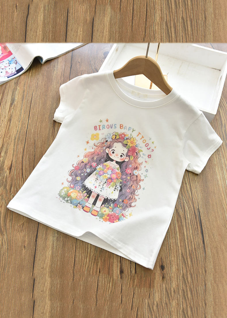 Lovely Pink Print Girls T Shirts Short Sleeve YU1090