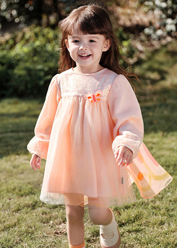 Lovely Pink Wrinkled Patchwork Butterfly Tulle Girls Holiday Long Dress Spring TV023